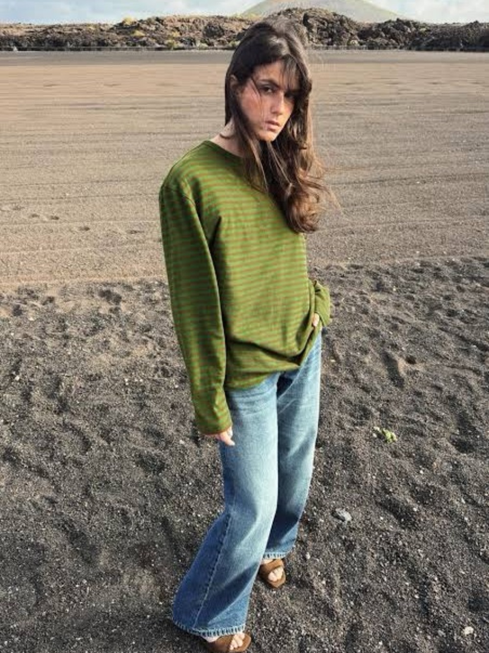 Zara Olive Green Striped Long Sleeve Top
